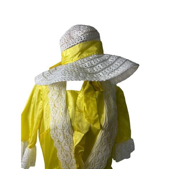 Vintage 80s Yellow Taffetta Bridgerton Style Dress w Matching Hat M - Picture 10 of 10
